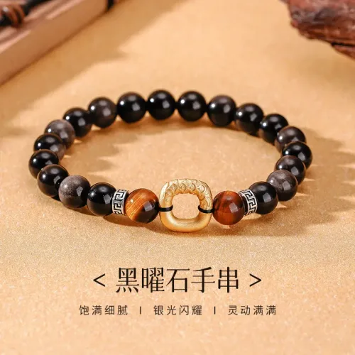黑曜石平安扣手串小众高级感虎眼石S925纯银四方扣男生手饰 28 Obsidian Ping An Kou Bracelet (12)