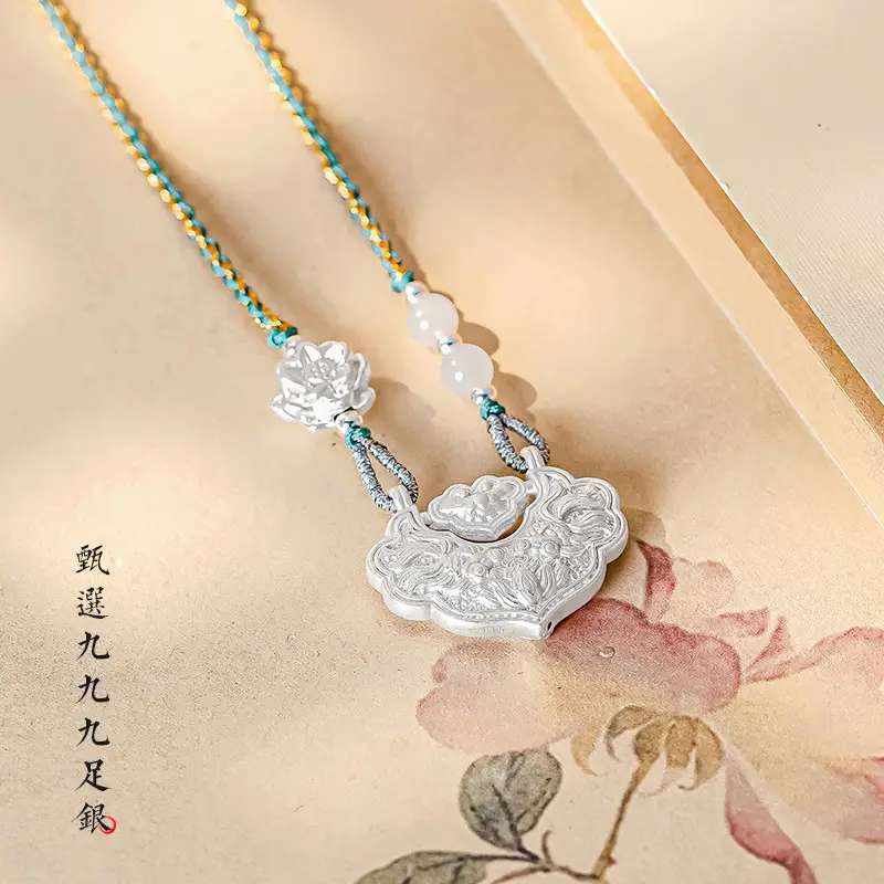 双鱼锦鲤如意锁 项链999足银女复古新中式平安锁吊坠编织 4 Pisces Koi Ruyi Lock Necklace (15)