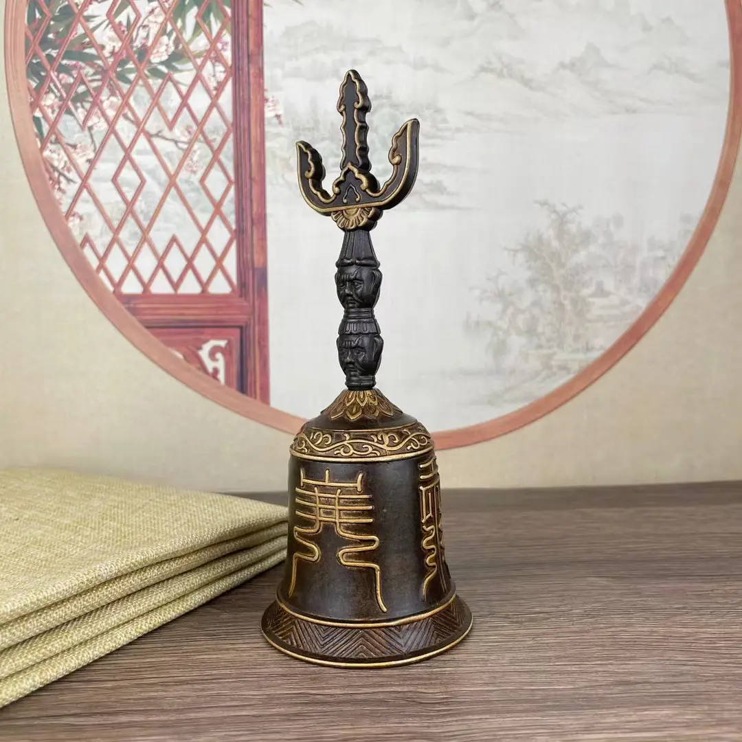 天蓬帝钟手摇铃黄铜道教三叉金刚铃法器道门法宝铜铃铛- 聊斋茶舍