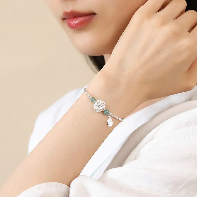 莲花碎银子 手链 女S925纯银新中式清冷感蓝水翡翠手饰品 4 莲花碎银子手链女S925纯银新中式清冷感蓝水翡翠手饰品