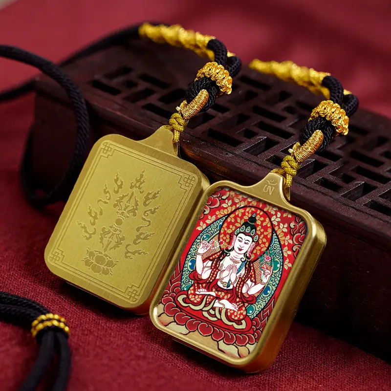 Four-Armed Guanyin (Patron Buddha) Tibetan Thangka Necklace: Divine Protection and Mysterious Power Combined